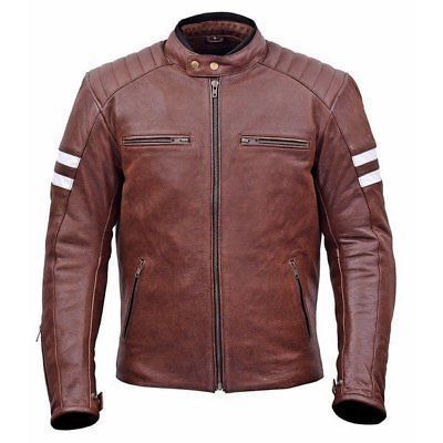 New Mens Brown Striped Motorbike Racing Cowhide Leather Jacket Safety Pads