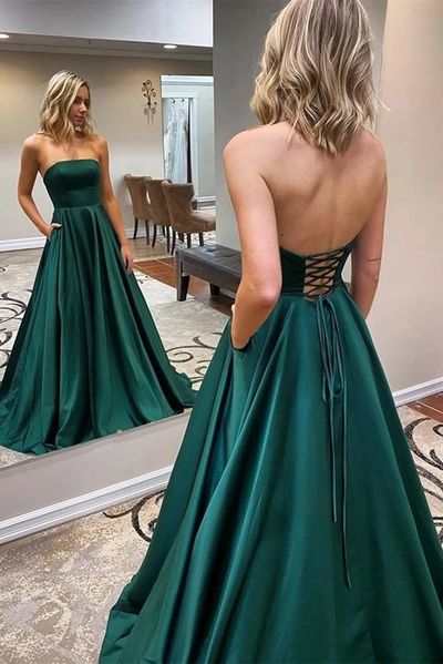 Simple Ball Gown Dark Green Satin Cross Back Long Prom Dresses with Pockets