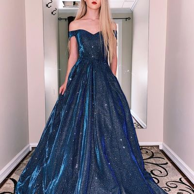 Sparkly sweet ball gown off the shoulder navy blue prom dresses with pockets - Thumbnail 3