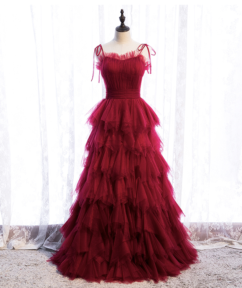 Burgundy tulle long prom dress evening dress
