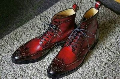 Handmade Burgundy Color Leather Boot, Men's Ankle High Wing Tip Brogue Lace up Dress Boot