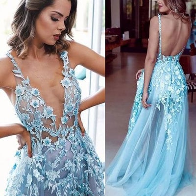 V neck blue long prom dresses with appliques pant - Thumbnail 2
