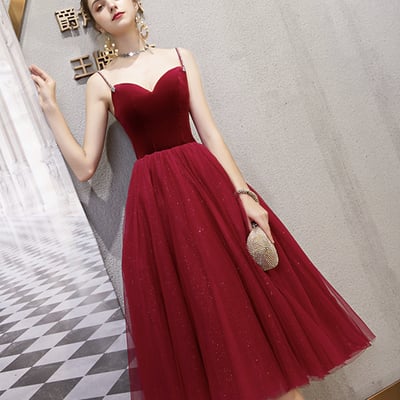 Burgundy velvet tulle short prom dress party dress - Thumbnail 4