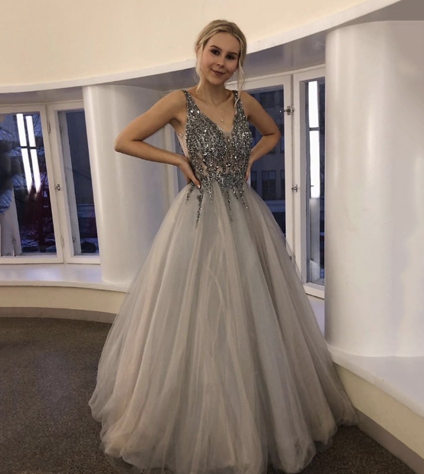 Gray v neck tulle beads long prom dress evening dress