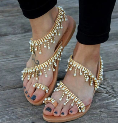 Flat Sandals Women Summer Leisure Beach Pearl Set Feet Flip Flops Flat And Slippers G4782