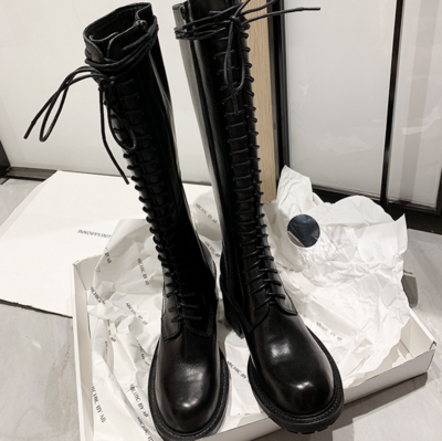 Cow Leather Martin Shoes But Knee Boots Female Round Toe Thick High Heel Side Zipper Rider G9257