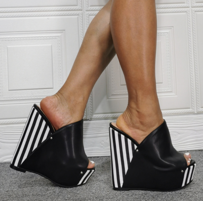 Black Striped Sexy Wedge Heel Super High Heel Hate Sky Tall Large Size 45 Women's Sandals Slippers B5720