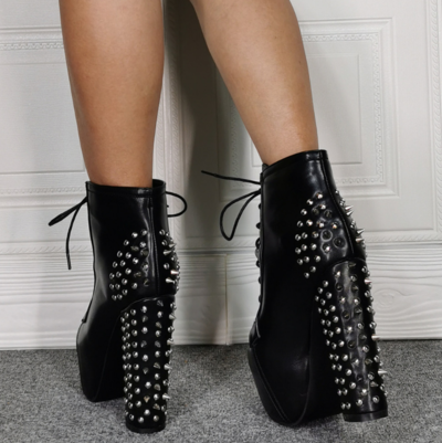 Sexy Black Rivet Thick Heel Waterproof Platform Super High Heel Plus Size 43 Female Fashion Short Boots G3425