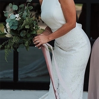 Mermaid Round Neck Open Back Lace Wedding Dresses with Train - Thumbnail 3