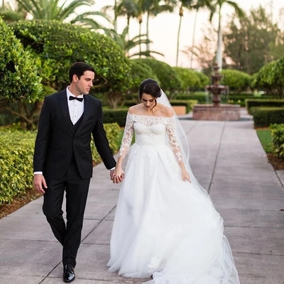 Off-shoulder long sleeves lace tulle wedding dresses with train - Thumbnail 5