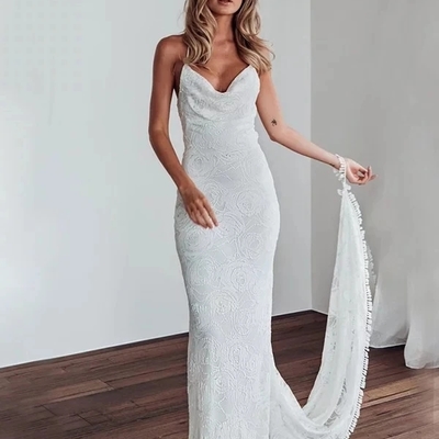 Sheath cowl neck lace wedding dresses with train - Thumbnail 5