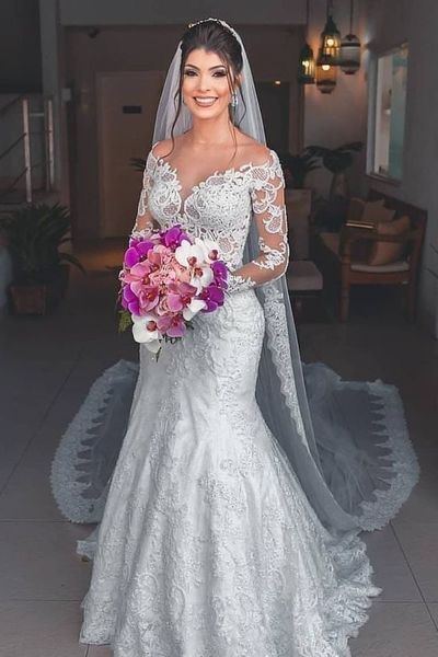 Charming Mermaid Long Sleeves Lace Wedding Dresses Bridal Gown