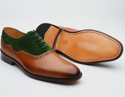 Handmade Men Brown Green Suede Leather Oxford Lace Up Shoes