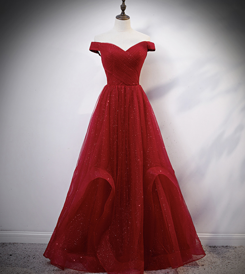 Burgundy tulle long prom dress evening dress