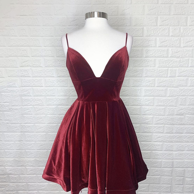 Burgundy velvet short prom dress party dress - Thumbnail 1