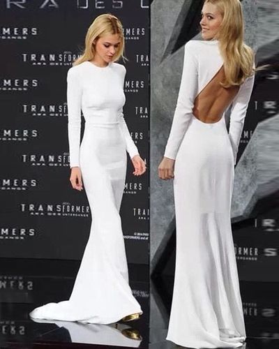 Vintage Mermaid Round Neck Long Sleeves White Wedding Dresses with Train,Open Back Evening Party Dresses