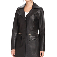 Fully Handmade Products Prepared From Genuine Leather Black Color Coat, Women Black Long Coat Style - Thumbnail 2