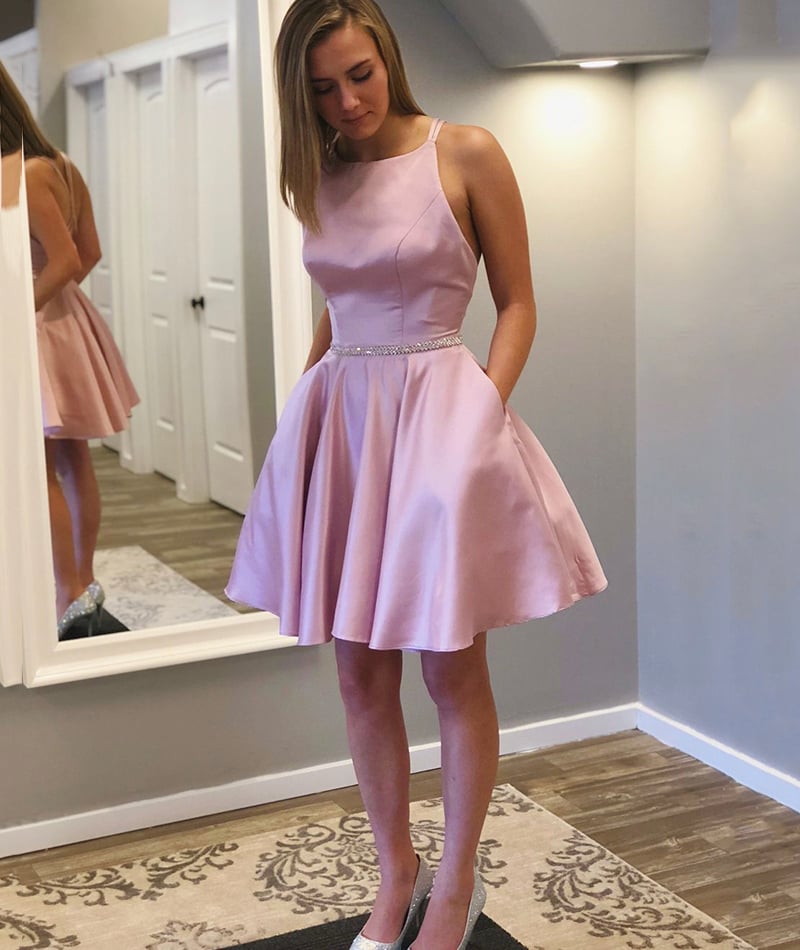 Pink satin short prom dress cute homecoming dress