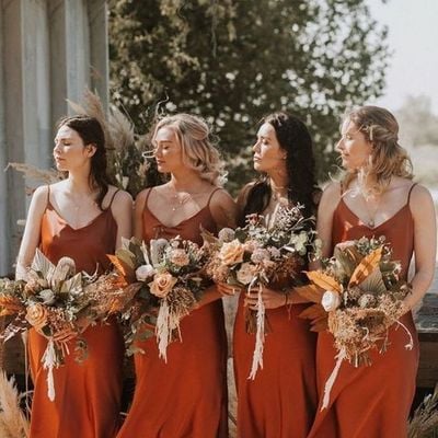 Spaghetti straps v neck orange red satin bridesmaid dresses - Thumbnail 3