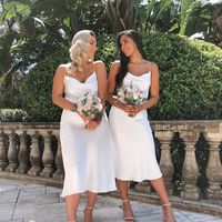 Simple Sheath Cowl Neck Silk Satin Midi Bridesmaid Dresses Under 100 - Thumbnail 1