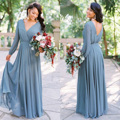 Elegant a-line v neck long sleeves dusty blue chiffon long bridesmaid dresses under 100 - Thumbnail 3