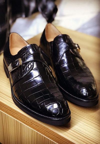 Latest Handmade Black Crocodile Leather Alligators Single Monk Men's Wedding Shoes