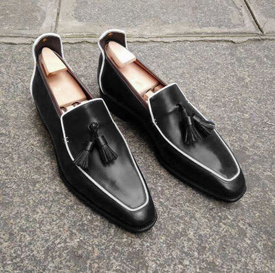 Elegant Men's Black Handmade Tassels Loafer Formal Wear Leather Shoes