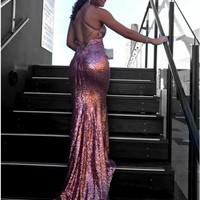 Mermaid Scoop Sweep Train Rose Pink Sequined Prom Evening Dress - Thumbnail 2
