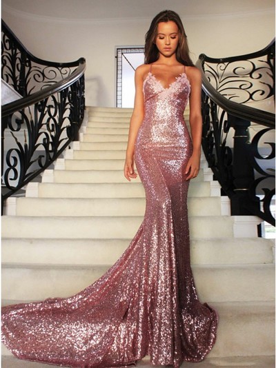 Mermaid Scoop Sweep Train Rose Pink Sequined Prom Evening Dress