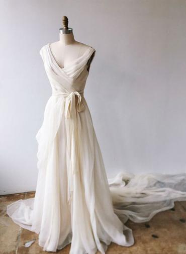Ivory Chiffon Long V Neck Prom Dress, Evening Dress Wish Sash,07