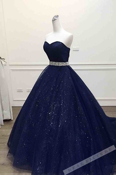 Dark blue tulle sweetheart sequins floor-length ball gown dress,08