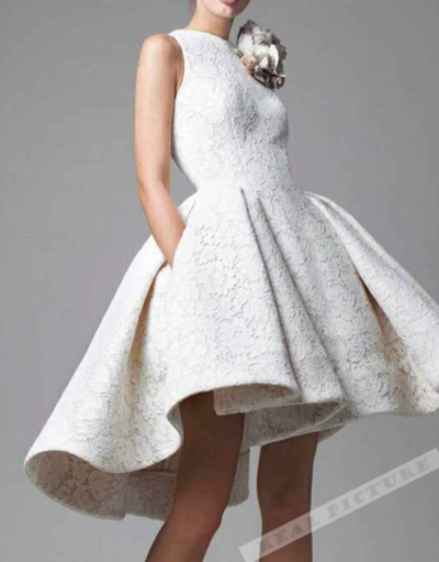 White handmade flowers round neck high-low A-line short prom dress,11,