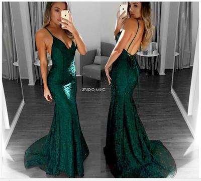 Mermaid Emerald Green Prom Dress, Sexy V-neck Prom Dresses, Lace Backless Long Prom Gown,23