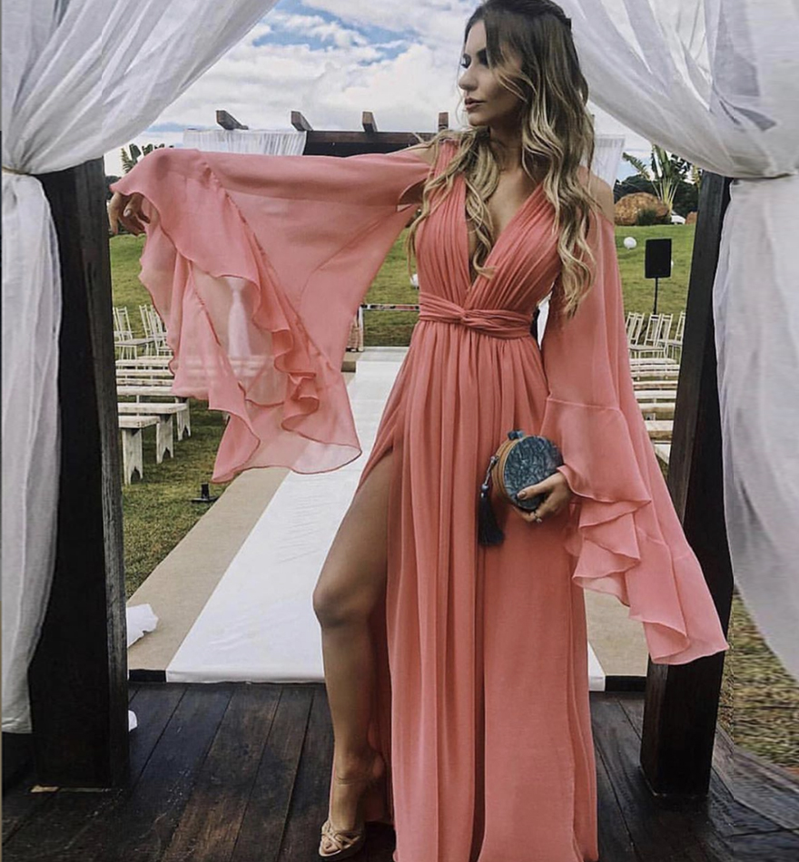 Stylish v neck chiffon long prom dress evening dress