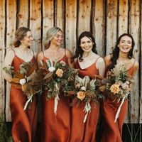 Spaghetti Straps V Neck Orange Red Satin Bridesmaid Dresses - Thumbnail 1