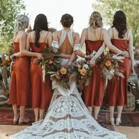 Spaghetti Straps V Neck Orange Red Satin Bridesmaid Dresses - Thumbnail 3