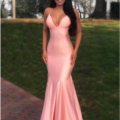 Mermaid spaghetti straps lace up pink satin sweep train prom evening dress - Thumbnail 4