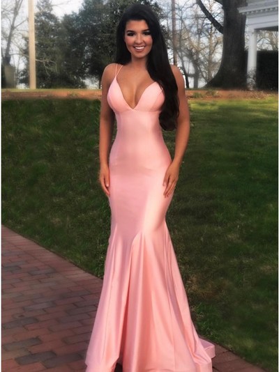 Mermaid Spaghetti Straps Lace Up Pink Satin Sweep Train Prom Evening Dress