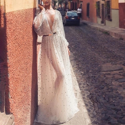 Sexy Deep V Neck Long Sleeves Sequins Wedding Dresses Evening Party Dresses