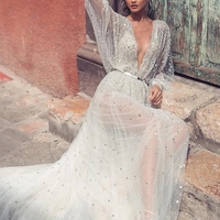 Sexy Deep V Neck Long Sleeves Sequins Wedding Dresses Evening Party Dresses - Thumbnail 2