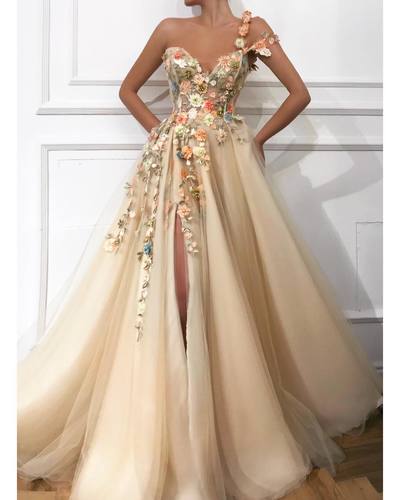 Romantic Flowers Slit Prom Dresses Champagne Bead A-line Evening Gowns,29