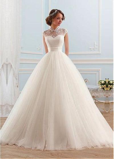 Elegant Ball Gown Wedding Dresses Princess Sheer High Neck Cap Sleeves Cut Out Corset Back Soft Tulle Bridal Gowns,32