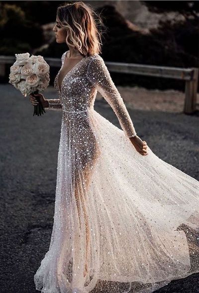 Sparking white See-Through Bing Bling Bridal Dress Long Sleeves Wedding Dresses