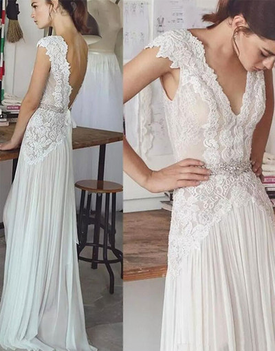 A-Line V-Neck Cap Sleeves Backless Chiffon Wedding Dress Beach Wedding Dress,34