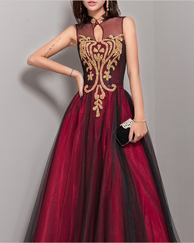 Burgundy Tulle Long A Line Evening Dress, Prom Dress With Applique,40
