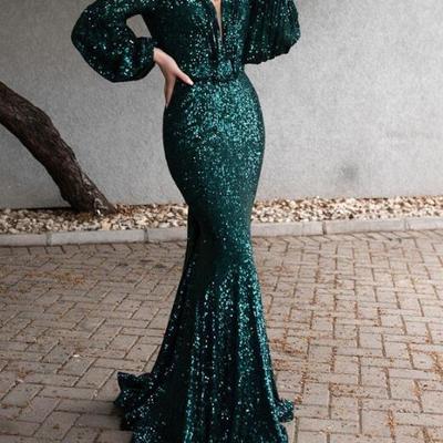 Sparkly green long sleeve evening dresses.charming v-neck backless mermaid formal evening gowns - Thumbnail 4