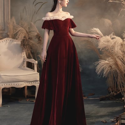 Burgundy velvet long prom dress evening dress - Thumbnail 5