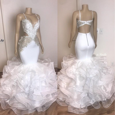 Spaghetti Straps Mermaid Ruffles White Prom Dresses Cheap Sleeveless Open Back Tiered Tulle Sexy Evening Gowns,48
