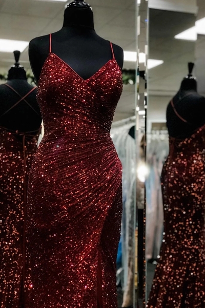 Mermaid Burgundy V Neck Beaded Long Prom Dresses Evening Dresses Formal Dresses