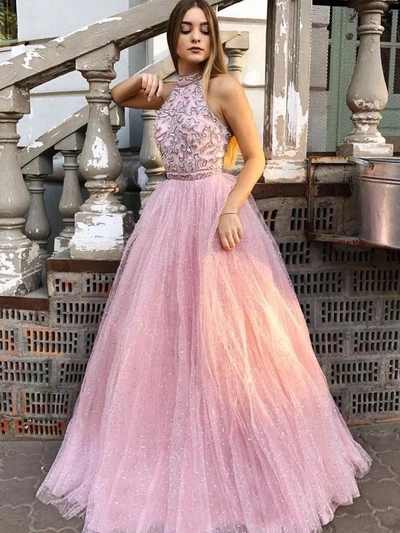 Halter Shining Tulle Prom Dresses A-line Appliqued Gowns